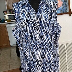 Notations Blue and White Sleeveless Notched Collar Top